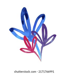 Blue and purple plants and flowers. Watercolor vector. Petals and leaves. Isolated plants. Nice hand drawing.