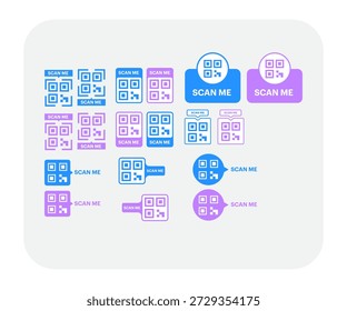 etiqueta engomada azul y púrpura del código de QR, etiqueta fijada con el escaneo del texto. Para Póster, Anuncio o Sitio web. Vector plano aislado