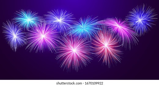 Blue purple red fireworks abstract festive background with free space for text. Exploding fireworks shining in the night sky. Carnival, festival, party pyrotechnics explosion vector holiday background