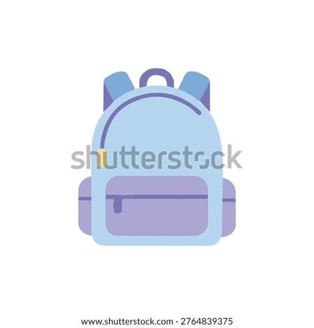 Blue and purple school backpack illustration, student rucksack for travel and education icon in flat vector style