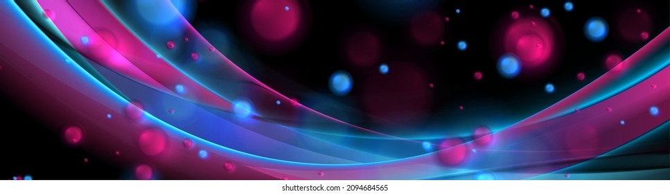 Blue purple shiny waves with violet bokeh bubbles abstract banner design. Elegant vector background