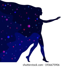 Blue and purple star universe in the shape of a woman's profile silhouette in full height on a white background. A woman comes out of space