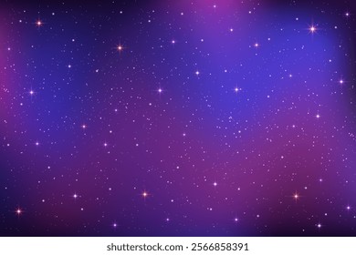 Blue and purple starry sky. Vector space background with magic dark gradient. Universe with constellations. Dreamy starlight galaxy. Fairy astrology wallpaper