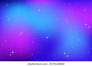 Blue and purple starry sky. Vector space background with magic dark gradient. Pink universe with constellations. Dreamy starlight galaxy. Fairy astrology wallpaper