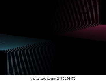 Blaue und violette dünne Linien abstrakte Technologie futuristischen Hintergrund. Minimale lineare Quadrate auf Schwarz. Vektorgrafik Digitalkunstdesign