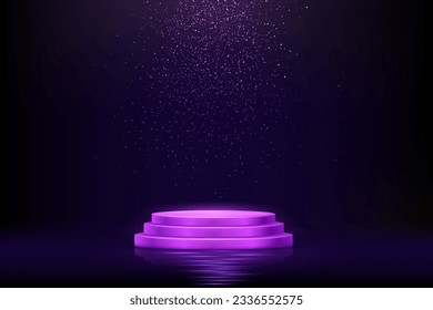 Blue or purple three step podium for product presentation vector illustration. Abstract empty award platform with glitter confetti sparkle rain falling from above background.