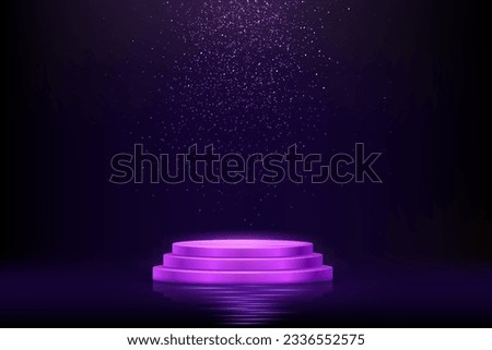 Blue or purple three step podium for product presentation vector illustration. Abstract empty award platform with glitter confetti sparkle rain falling from above background.