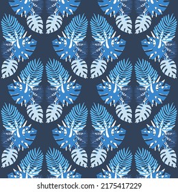 Blue purple tropical leaf seamless pattern with monstera palm tropical carved leaf for design