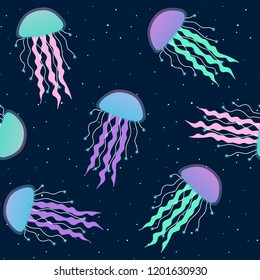 blue, purple, turquoise and pink jellyfish on a dark blue background seamless pattern underwater sea medusa fluorescent srar vector.