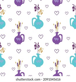 Blue and purple vase with decorative flowers pattern with hearts