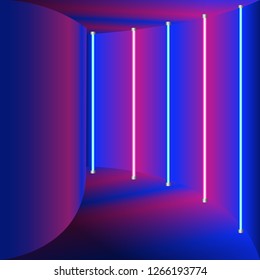 Blue and purple vector illustration - abstract corridor with neon glowing stripes. Futuristic night club interior. For banners, flyers, posters.