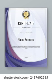 Blue and purple violet certificate of corporate template. Clean modern certificate with gold badge. Certificate border template with luxury and modern line pattern