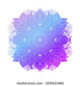 Blue purple violet gradient coloring mandala, vibrant floral ornament in boho style, asian art, isolated element, vector illustration.