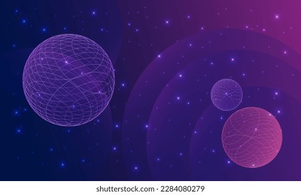 Espacio virtual azul y violeta con planetas y estrellas. y las ondas de color gradiente. Mundo digital, fondo futurista.