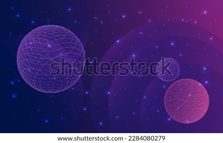 Blue and purple virtual space with planets and stars. and gradient colour waves. Digital world, futuristic background.