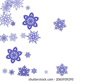 Blue and purple watercolor snowflakes on white background: hand drawn seamless pattern and textile texture. Chaotic winter snow confetti scatter flyer background.