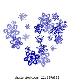 Blue and purple watercolor snowflakes on white background: hand drawn seamless pattern and textile texture. Chaotic winter snow confetti scatter flyer background.