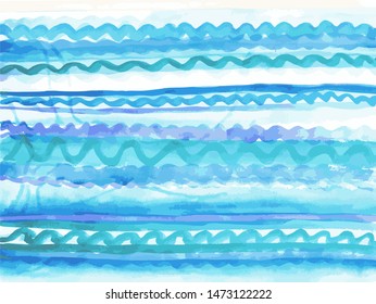 Blue and purple waves, vector watercolor background. Abstract blue marine background.