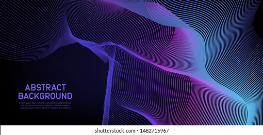 Blue and Purple Wavy Particle Shape on Black Background. Cyber Space Background. Abstract Technology. Science Banner. Vector Illustration.