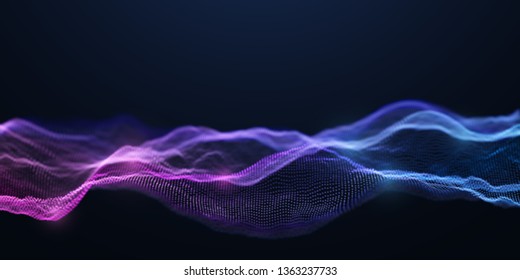 Blue and Purple Wavy Particle Surface on Black Background. Abstract Technology or Science Banner. Cyber Space Background. Particles with DOF Effect. EPS10 Vector Illustration.