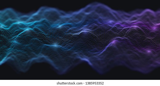 Blue and Purple Wavy Particle Surface on Black Background. Abstract Technology or Science Banner. Cyber Space Background. Particles with DOF Effect. EPS10 Vector Illustration.