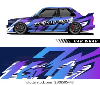 Blue, purple, and white car wrap design with red brakes. Eyecatching car wrap suitable for automotive advertising campaigns and promotional materials.