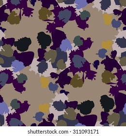 Blue , purple, yellow , black spots on a gray background. Seamless pattern.