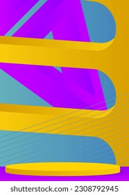Blue, purple, yellow minimal geometric forms as pedestal podium. Stage cylinder product display. Abstract Mockup showcase for presentation.