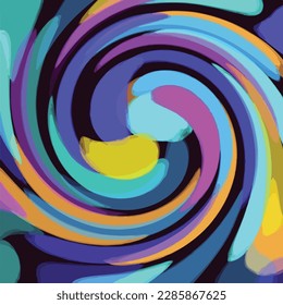 Blue, purple, and yellow oil swirling paint decorative element isolated on black square template. Image for social media post, poster, brochure, scarf or textile paper prints.