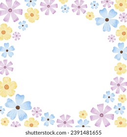 Blue, purple and yellow wildflowers. Round wreath of simple flowers. Watercolor isolated illustration. For the design of postcards for Easter, birthday, International Women's Day