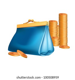blue purse with coins on white background 