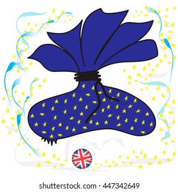Blue Purse decorated with stars. Ragged bag.England/United Kingdom flag ball. England and EU.  Leaving EU. Vector Illustration