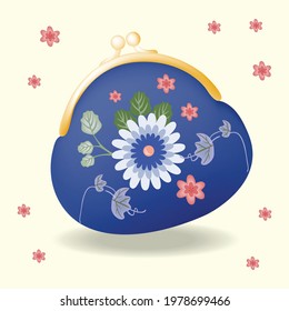 Blue purse Flower Ornaments Vector Illustration On Yellow Background. The retro purse for coins Vintage clutch with frame lock classic fashion. japan purse.