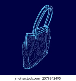 Blue purse with a handle is shown in a blue background. The purse is drawn in a stylized way, with a focus on the handle and the shape of the purse. Scene is somewhat whimsical and playful