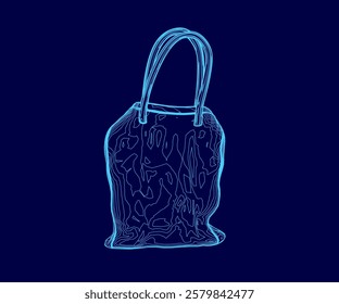 Blue purse with a strap. The purse is drawn in a stylized way, with a lot of detail and a sense of depth. Concept of luxury and sophistication