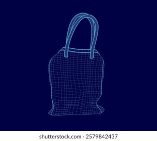 Blue purse with a strap is shown in a blue background. The purse is drawn in a stylized way, with a lot of detail and shading. Scene is somewhat whimsical and playful