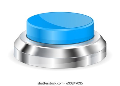 Blue push button with metal base. Vector 3d illustration isolated on white background