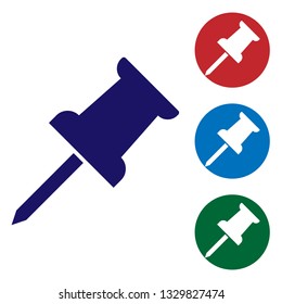 Blue Push pin icon isolated on white background. Thumbtacks sign. Set color icon in circle buttons. Vector Illustration