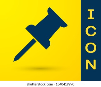 Blue Push pin icon isolated on yellow background. Thumbtacks sign. Vector Illustration