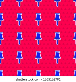 Blue Push pin icon isolated seamless pattern on red background. Thumbtacks sign.  Vector Illustration