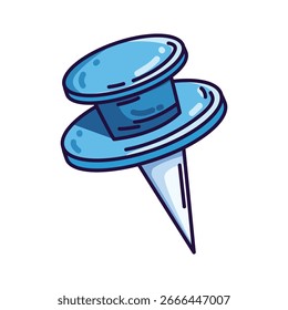 Pin de empuje azul con punta metálica afilada. Estilo de dibujos animados con contornos audaces ideal para papelería de oficina, útiles escolares, tablones de anuncios, mapas, organización y proyectos de diseño de productividad.