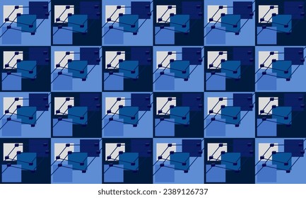 Blue puzzle block arrange in chessboard, checker repeat seamless patter design for fabric printing, abstract network block