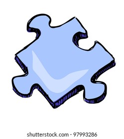 Blue puzzle piece isolated on white background. Sketch vector icon