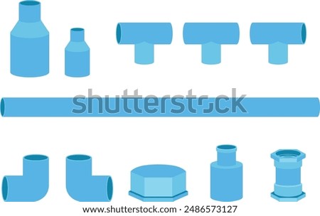 Blue PVC pipe set. Plumbing pipes. plastic tube. Flat illustration with white background 