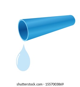 Blue PVC pipe with water drop on white background. Vector illustration concept design for plumbing and piping work.