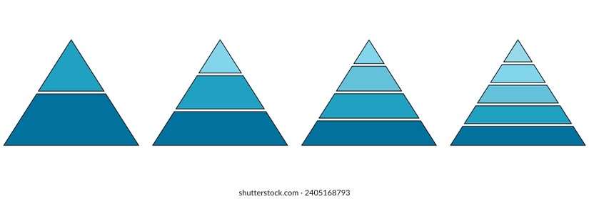 Colección de plantillas infográficas de piramide azul. Conjunto de segmentos de datos de jerarquía triangular. Ilustración vectorial aislada en blanco.