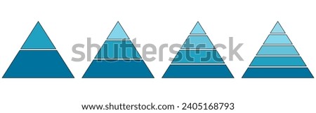 Blue pyramid infographic templates collection. Triangle hierarchy data segments set. Vector illustration isolated on white.