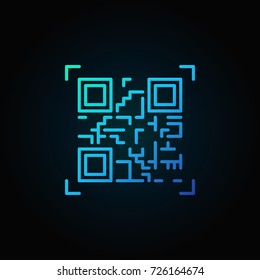 Blue QR code scanning vector icon or design logo in thin line style on dark background