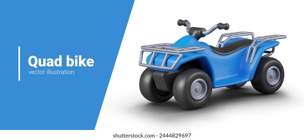 Blue quad bike with four big wheels. Realistic vehicle for travel, entertainment, racing