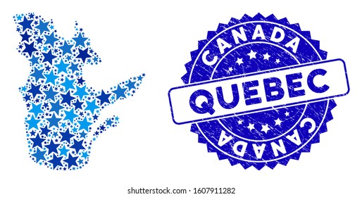 Blue Quebec Province map mosaic of stars, and scratched rounded stamp seal. Abstract territorial plan in blue color tinges. Vector Quebec Province map is created of blue stars.